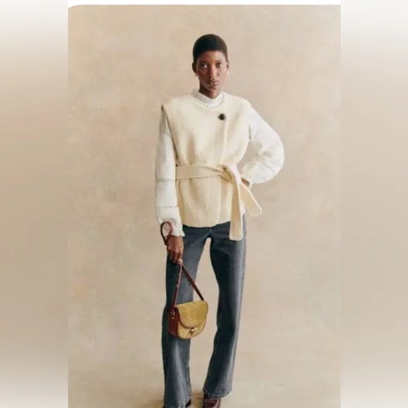 SEZANE Sebastine Quiet Luxury Cream Sleeveless Belted Wool Jacket NWT Size 8 - Picture 3 of 10
